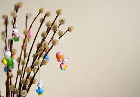 Pussy willow Easter tree with hanging festive ornaments Stock Photos