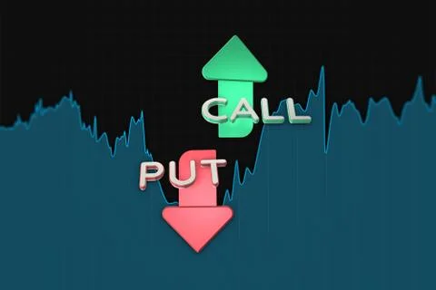 Put and call color arrows binary option chart on black. 3D illustration Stock Illustration