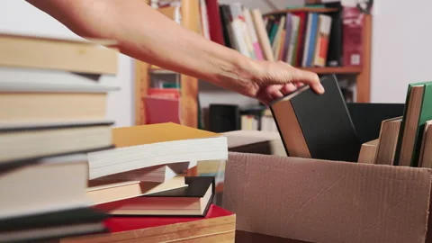 Put books in moving box Stock Footage 219192679