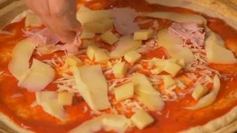 Put the cooked ham for pizza preparation Stock Footage 95243072