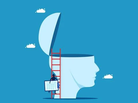 Put information in head. man holding documents climbs the stairs on a big hea Illustrazione stock
