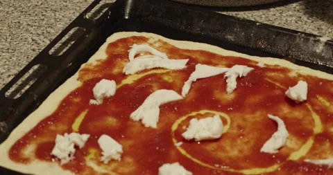 Put mozzarella for pizza preparation - 4K extreme slow motion - rotate movem Stock Footage 152175200