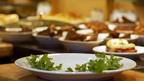 Put a piece of fried meat on a plate with parsley. food plates in the background Stock Footage 102360690
