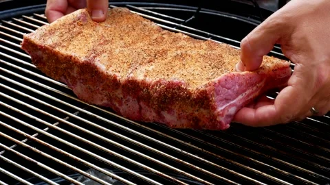 Put the ribs on the grill of barbecue Stockbeeldmateriaal 242090002