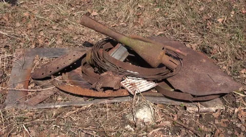Put rusty metal scrap-iron rubbish for recycling in stack Video stock 48022253