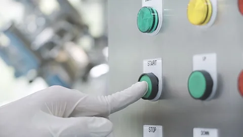 Put start the Machine Engine on switchboard Industrial Laboratory Close up 5 Stock-Footage 247486628