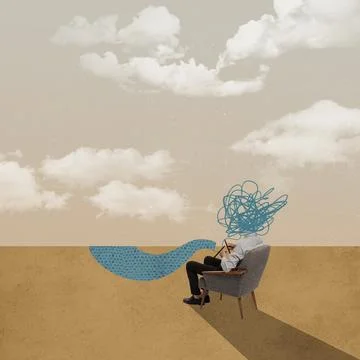 Put thoughts in order. Young man sitting and knitting. Psychotherapy and person Stock Photos