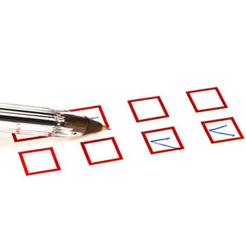 Put tick in red square box put tick in red square box by blue plastic ball... Stock Photos