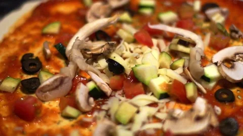 Put vegetables topping on pizza Stock Footage 312865672
