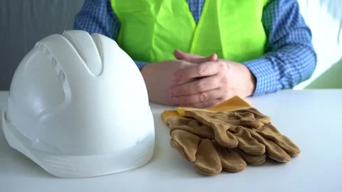 Put the worker's hands on the table with a protective helmet and gloves Stock Footage 166164517