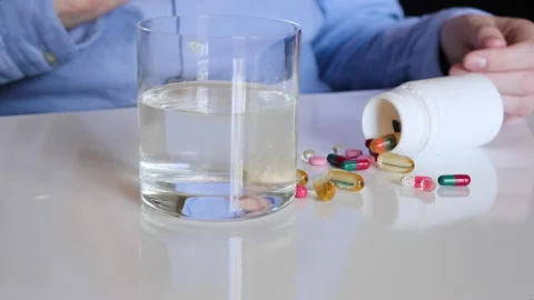 Puting Effervescent Tablet in a Glass of Water. Course of Treatment concept Stock Footage 255556798