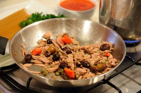 Puttanesca sauce for spaghetti Stock Photos