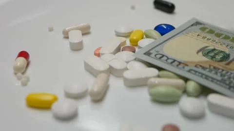 Putting a 100 dollar banknote bill on a turning stack with pills, white Stock Footage 86178495