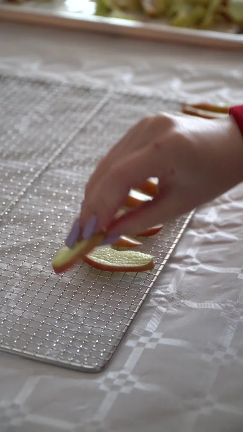 Putting apple pieces on the tray for drying 動画素材 330480609