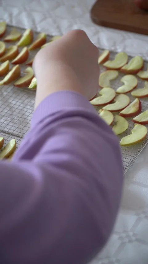 Putting apple pieces on the tray for drying Video stock 330480832