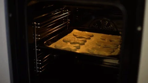 Putting baking tray with raw cookies in electric oven Stock Footage 100092207