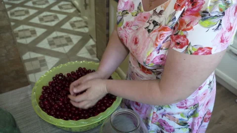 Putting cherries in jars Stock Footage 317291146