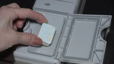 Putting detergent tablet into the dishwasher Stock Footage 146474444