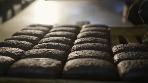 Putting freshly loaves of rye bread on tray after baking in professional oven Stock-Footage 147256534