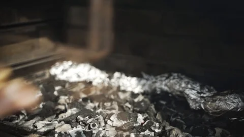 Putting Grill With Meat on Fireplace Video stock 120132419