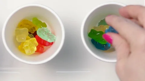 Putting Gummy Bears In Styrofoam Cups Видео 87842763