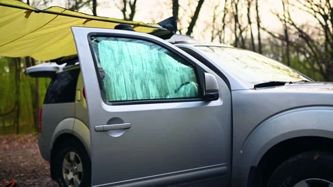 Putting Heat Insulating Reflective Material In Car Window For Camping Stock Footage 194720251