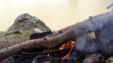 Putting Logs on the Campfire by the Lake (Slow-Motion) Stock Footage 292159732