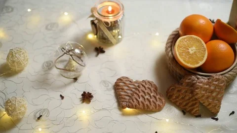 Putting a mug of tea on christmas table Stock Footage 83143874