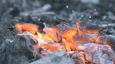 Putting out a Fire Macro Shot of Burning Coals with Water Drops and Smoke 4K Stock Footage 135105573