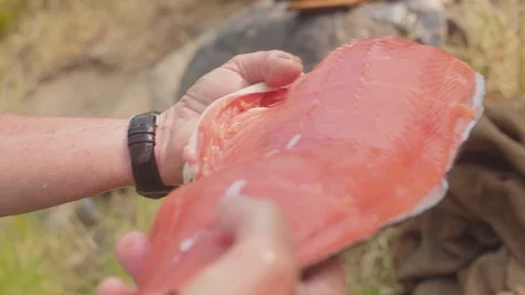 Putting a piece of fish into a bag Stock Footage 103810819