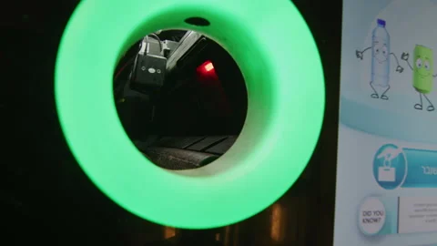 Putting plastic bottle in recycling system, scanning barcode in recycle bin Stock Footage 225403223