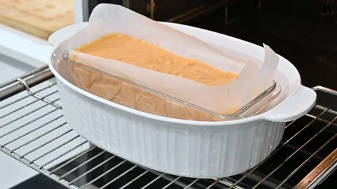 Putting the pudding in the oven Stock Footage 228221381