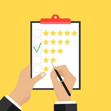 Putting the rating on paper. Hands hold a paper and put a rating of three Stock Illustration