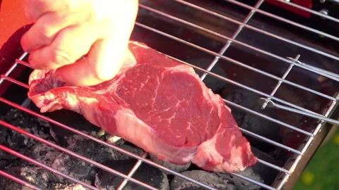 Putting raw red meat on the grill in slow motion 250fps Stock-Footage 152730808