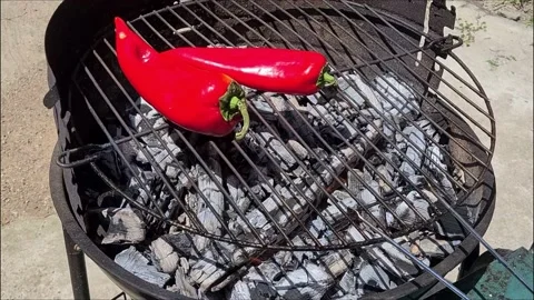 Putting red pepper on grill Stock Footage 166793946