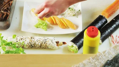 Putting Salmon Meat on a Plate Stock Footage 71071914