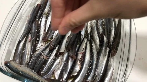 Putting salt and thyme on many raw European anchovy in a transparent glass. Stock-Footage 86132588