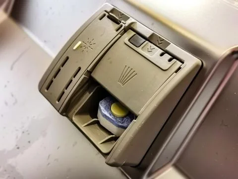 Putting soap tablet in dishwasher machine, close up. Kitchen domestic appliance Stock Photos