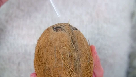 Putting a straw into the coconut and drinking from it Stock Footage 83726225