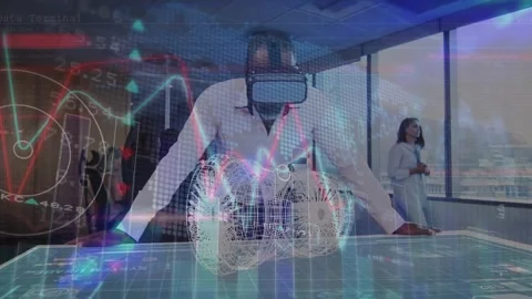 Putting on VR headset in room engineer studying wireframe gears and data Stock Footage 330114717