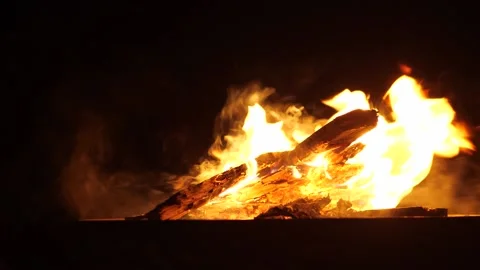 Puttings logs on the campfire at night Video stock 156863520