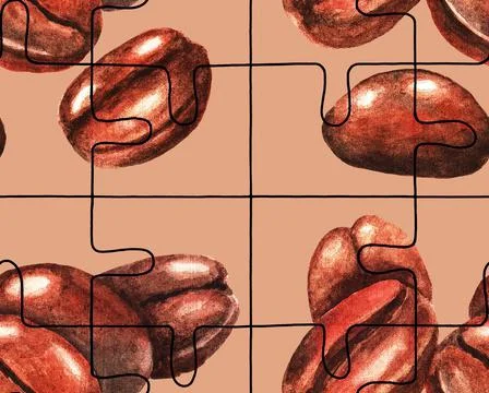 Puzzle. Coffee beans. Seamless pattern. Watercolor Stock Illustration