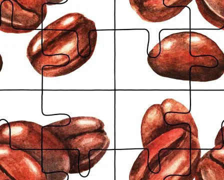 Puzzle. Coffee beans. Seamless pattern. Watercolor Stock Illustration