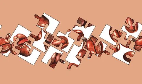 Puzzle. Coffee beans. Seamless pattern. Watercolor Stock Illustration