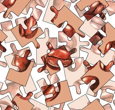 Puzzle. Coffee beans. Seamless pattern. Watercolor Stock Illustration