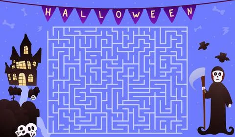 Puzzle with cute reaper, help to find right way to spooky house, halloween th Stock Illustration