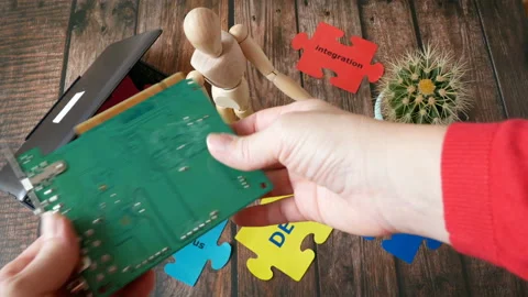 Puzzle with Dev and Ops words near laptop and motherboard. DevOps Concept  Stock Footage 123996071