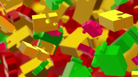Puzzle elements falling whole jigsaw and later disintegrate in space. Animation Stock Footage 336248488