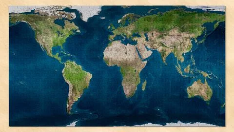 Puzzle elements make up world map - 3D illustration. Stock Illustration