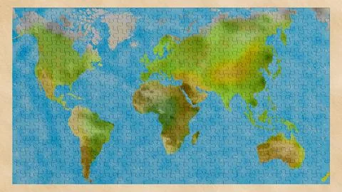 Puzzle elements make up world map - 3D illustration. Stock-Illustration